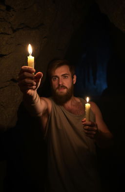 A rugged man standing in a dimly lit cave, holding a flickering candle that casts a warm, glowing light on the rough stone walls
