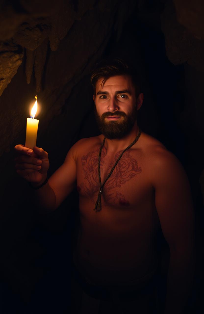 A rugged man standing in a dimly lit cave, holding a flickering candle that casts a warm, glowing light on the rough stone walls