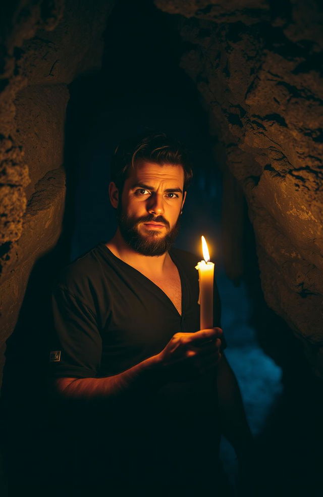 A rugged man standing in a dimly lit cave, holding a flickering candle that casts a warm, glowing light on the rough stone walls