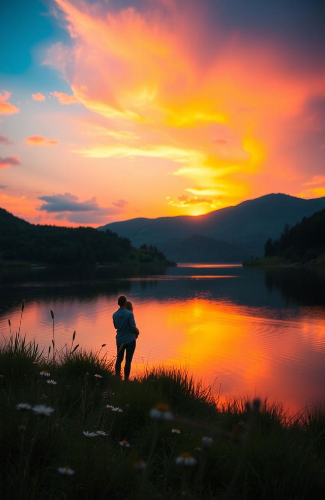 A serene and beautiful landscape depicting a tranquil sunset over a calm lake, surrounded by lush green hills