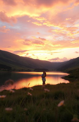 A serene and beautiful landscape depicting a tranquil sunset over a calm lake, surrounded by lush green hills