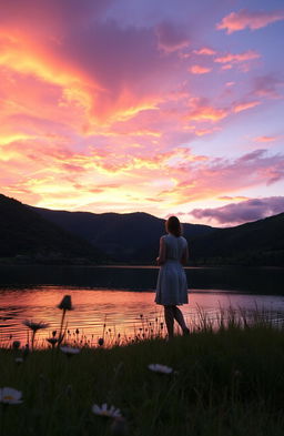 A serene and beautiful landscape depicting a tranquil sunset over a calm lake, surrounded by lush green hills
