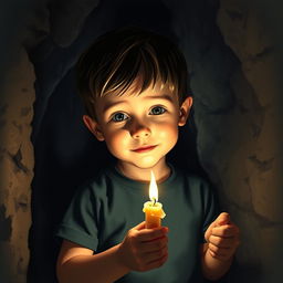 A young boy standing in a dimly lit cave, holding a flickering candle that illuminates his face with a warm glow