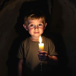 A young boy standing in a dimly lit cave, holding a flickering candle that illuminates his face with a warm glow