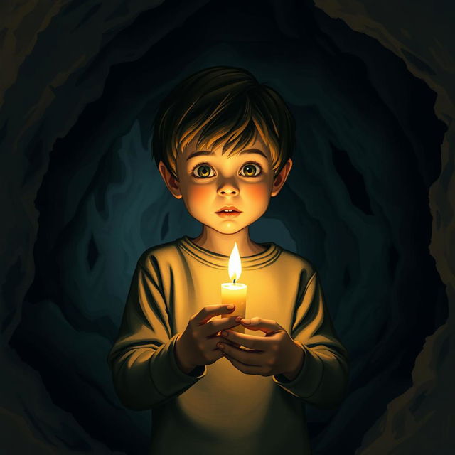 A young boy standing in a dimly lit cave, holding a flickering candle that illuminates his face with a warm glow