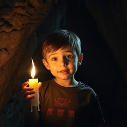 A young boy standing in a dimly lit cave, holding a flickering candle that illuminates his face with a warm glow