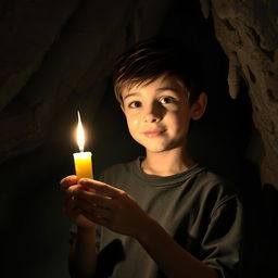 A teenage boy standing in a dimly lit cave, holding a flickering candle that casts a warm, soft light illuminating his face and the surrounding rough stone walls