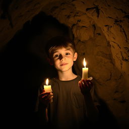 A teenage boy standing in a dimly lit cave, holding a flickering candle that casts a warm, soft light illuminating his face and the surrounding rough stone walls
