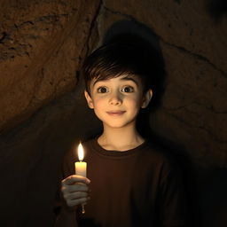 A teenage boy standing in a dimly lit cave, holding a flickering candle that casts a warm, soft light illuminating his face and the surrounding rough stone walls