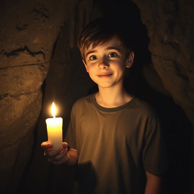 A teenage boy standing in a dimly lit cave, holding a flickering candle that casts a warm, soft light illuminating his face and the surrounding rough stone walls