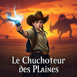 A young adult fantasy-western book cover featuring a 16-year-old girl dressed in a classic western outfit, complete with a cowboy hat, and holding a revolver confidently in her right hand