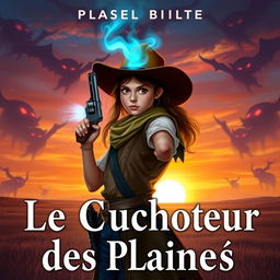 A young adult fantasy-western book cover featuring a 16-year-old girl dressed in a classic western outfit, complete with a cowboy hat, and holding a revolver confidently in her right hand