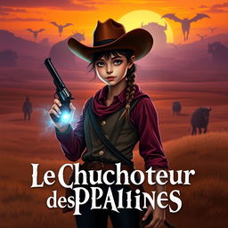 A young adult fantasy-western book cover featuring a 16-year-old girl dressed in a classic western outfit, complete with a cowboy hat, and holding a revolver confidently in her right hand