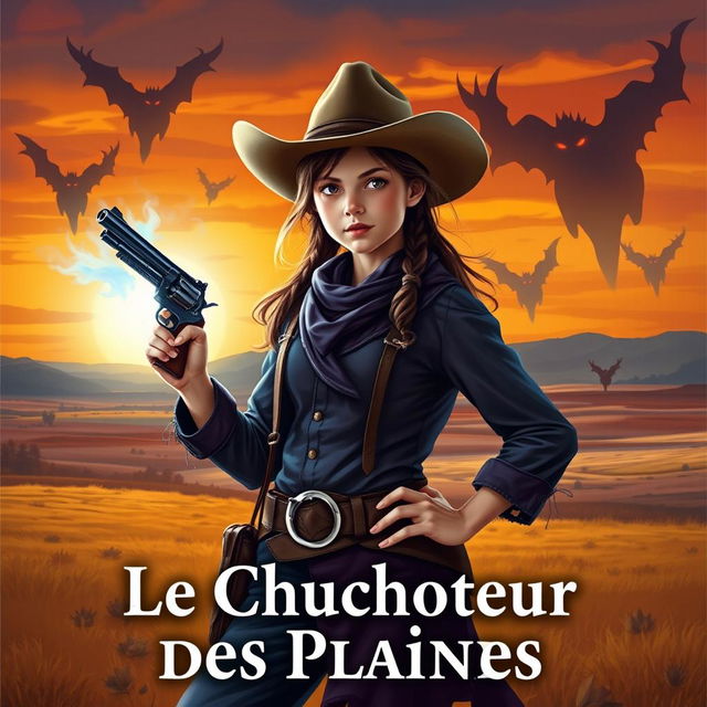 A young adult fantasy-western book cover featuring a 16-year-old girl dressed in a classic western outfit, complete with a cowboy hat, and holding a revolver confidently in her right hand