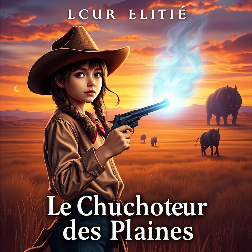 A young adult western-fantasy book cover featuring a 16-year-old girl in western attire, wearing a cowboy hat and holding a revolver in her right hand