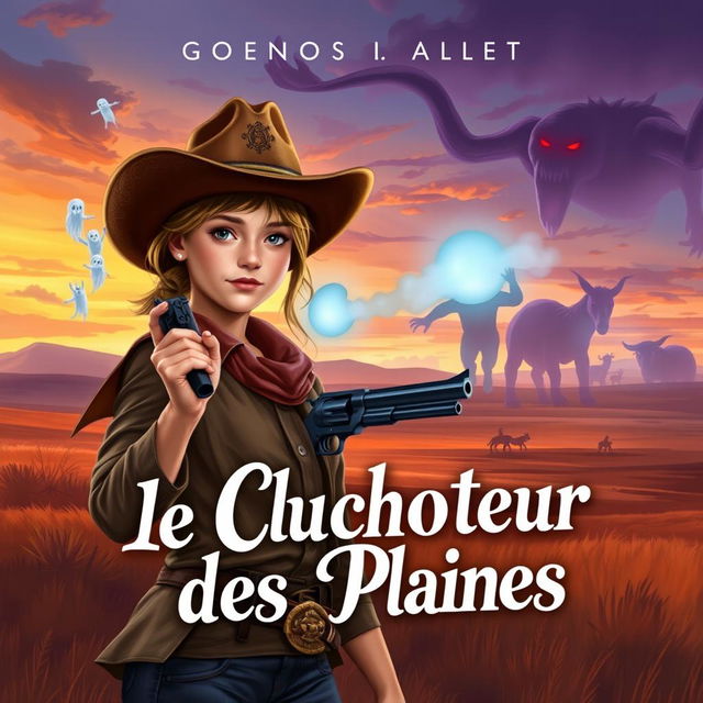 A young adult western-fantasy book cover featuring a 16-year-old girl in western attire, wearing a cowboy hat and holding a revolver in her right hand