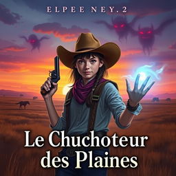 A young adult western-fantasy book cover featuring a 16-year-old girl in western attire, wearing a cowboy hat and holding a revolver in her right hand