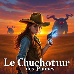 A young adult western-fantasy book cover featuring a 16-year-old girl in western attire, wearing a cowboy hat and holding a revolver in her right hand