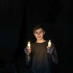 A teenager standing just outside the entrance of a dark cave, holding a flickering candle that casts a warm glow on his face