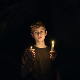 A teenager standing just outside the entrance of a dark cave, holding a flickering candle that casts a warm glow on his face
