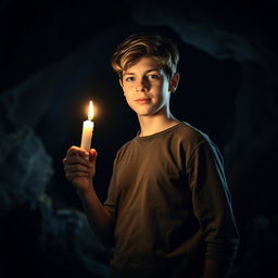 A teenager standing just outside the entrance of a dark cave, holding a flickering candle that casts a warm glow on his face