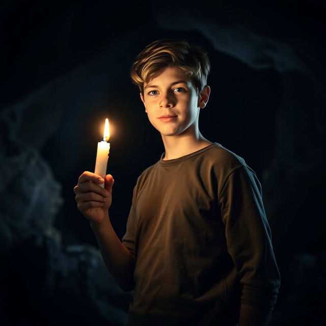 A teenager standing just outside the entrance of a dark cave, holding a flickering candle that casts a warm glow on his face