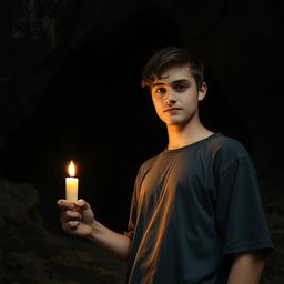 A teenager standing just outside the entrance of a dark cave, holding a flickering candle that casts a warm glow on his face