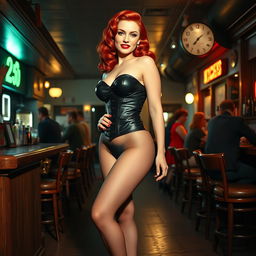 A beautiful 1940s pin-up girl with striking red hair styled in vintage curls, wearing a form-fitting short black latex corset that accentuates her ample bosom