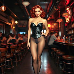 A beautiful 1940s pin-up girl with striking red hair styled in vintage curls, wearing a form-fitting short black latex corset that accentuates her ample bosom