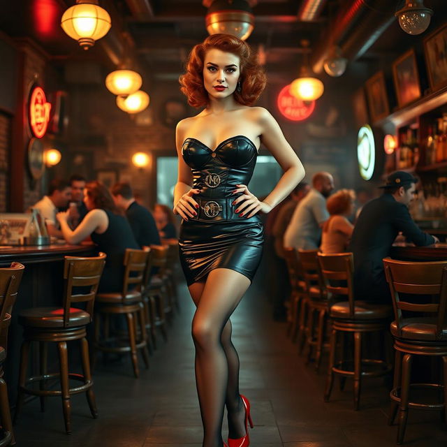 A beautiful 1940s pin-up girl with striking red hair styled in vintage curls, wearing a form-fitting short black latex corset that accentuates her ample bosom