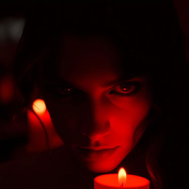 A romantic and mysterious scene set in a dimly lit environment, featuring deep dark red hues dominating the atmosphere