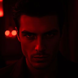 A romantic and mysterious scene set in a dimly lit environment, featuring deep dark red hues that envelop the surroundings