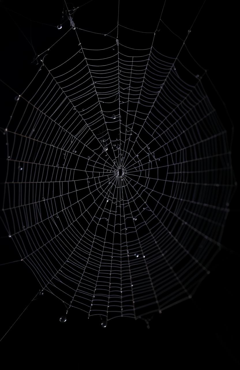 A highly detailed and realistic spider web stretched across a black background