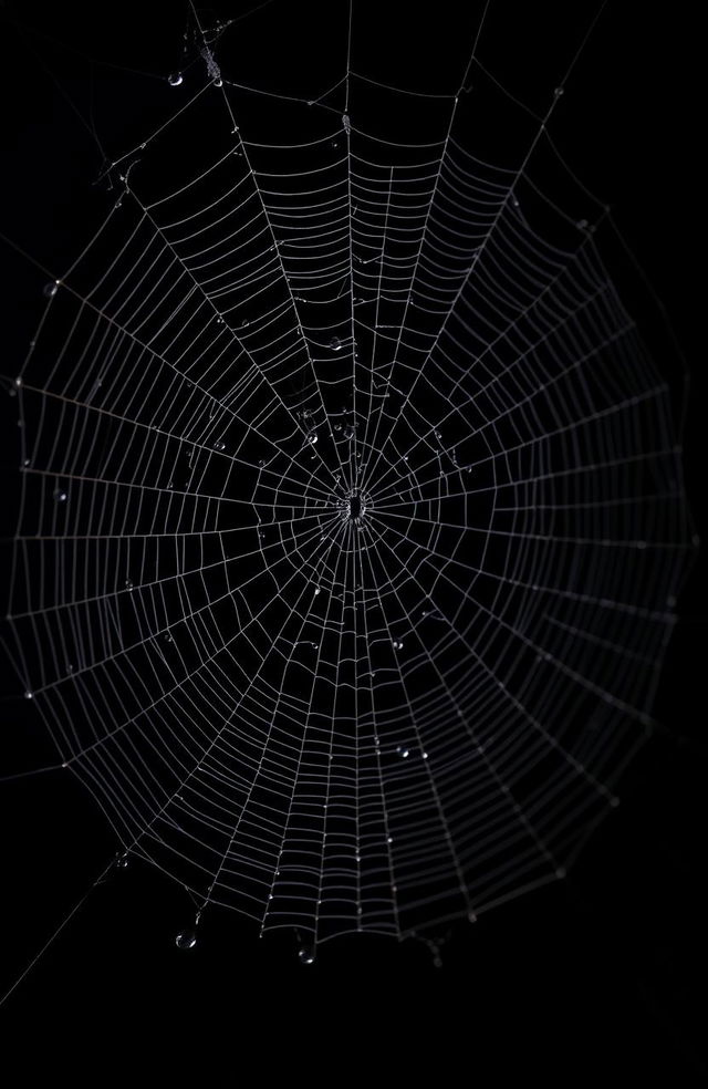 A highly detailed and realistic spider web stretched across a black background