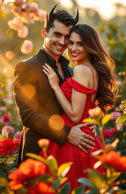 A romantic scene of two lovers, embodying the idea of 'In love with the sweetest devil', set in a lush garden at sunset