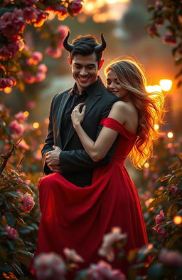 A romantic scene of two lovers, embodying the idea of 'In love with the sweetest devil', set in a lush garden at sunset