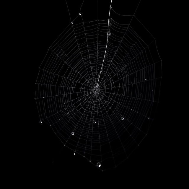 A highly detailed and realistic spider web hanging down from the top of a black background