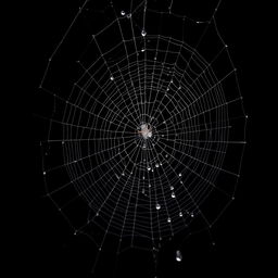 A highly detailed and realistic spider web hanging down from the top of a black background