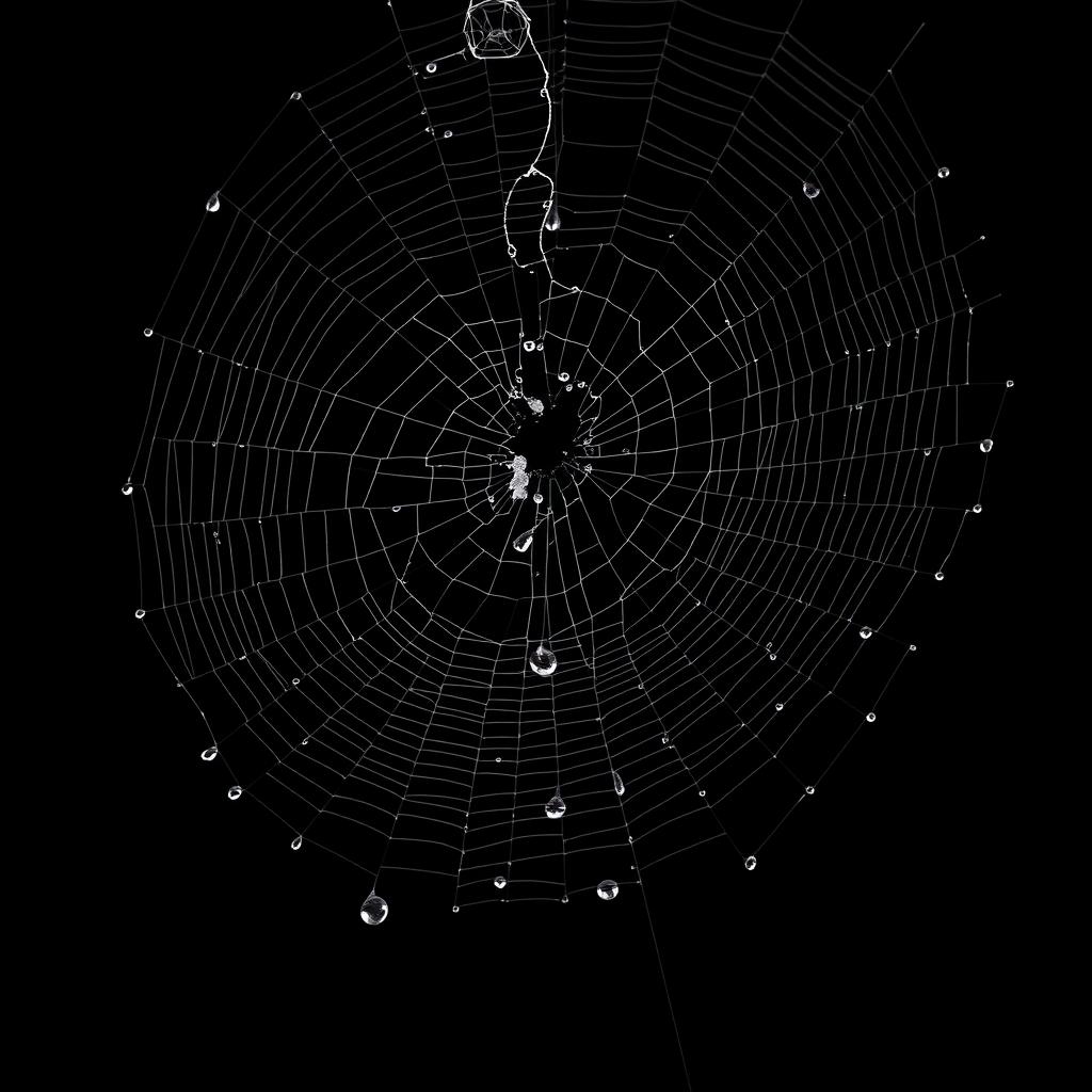 A highly detailed and realistic spider web hanging down from the top of a black background