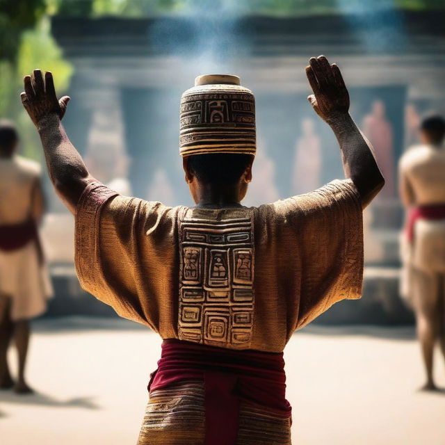 A man dressed in ancient Mayan attire viewed from the back, raising his arms while holding a jar filled with incense.