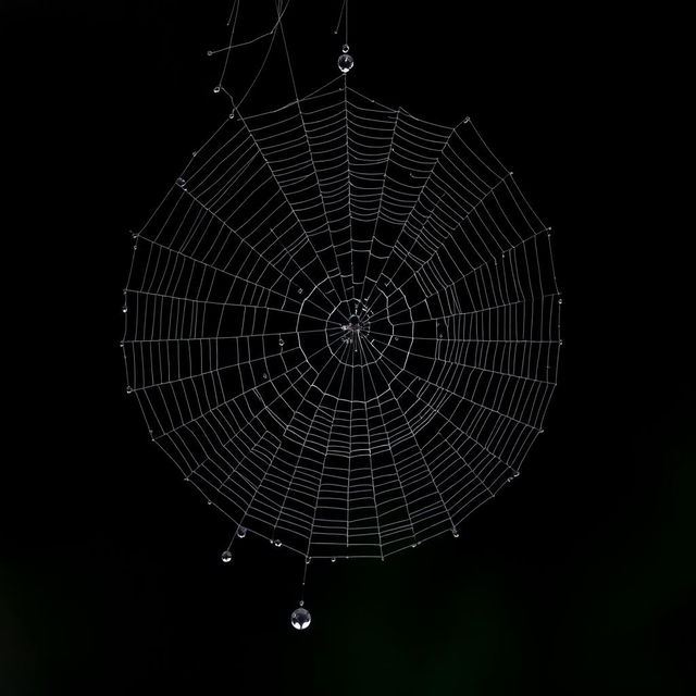 A highly detailed and realistic quarter spider web hanging down from the top of a black background