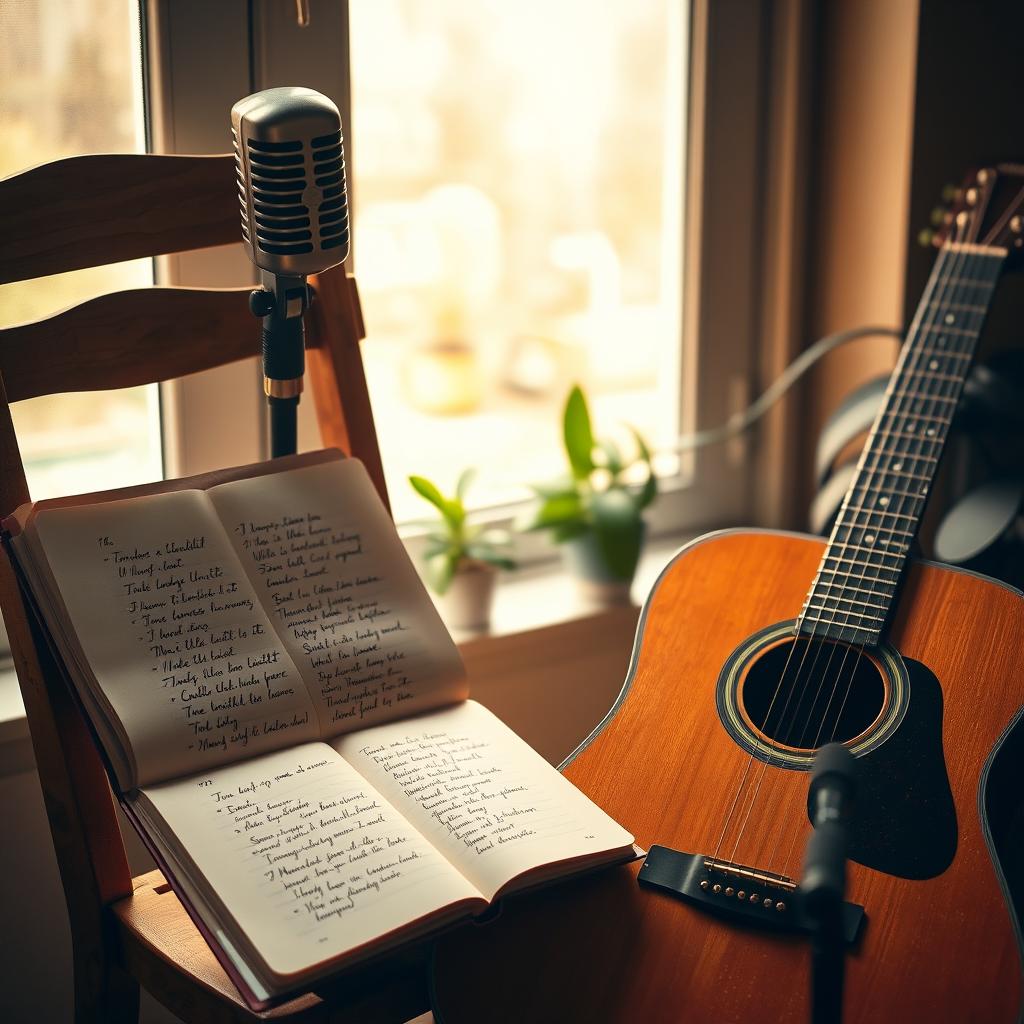 A cozy scene featuring an acoustic guitar resting against a wooden chair beside an open notebook filled with handwritten lyrics