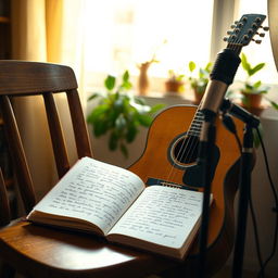 A cozy scene featuring an acoustic guitar resting against a wooden chair beside an open notebook filled with handwritten lyrics