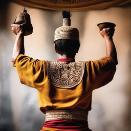 A man dressed in ancient Mayan attire viewed from the back, raising his arms while holding a jar filled with incense.