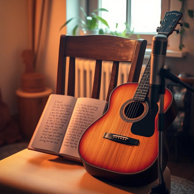 A cozy scene featuring an acoustic guitar resting against a wooden chair beside an open notebook filled with handwritten lyrics