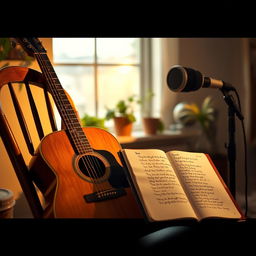 A cozy scene featuring an acoustic guitar resting against a wooden chair beside an open notebook filled with handwritten lyrics