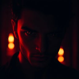 A romantic and mysterious scene set in a dimly lit environment, featuring deep dark red hues that create an intense atmosphere