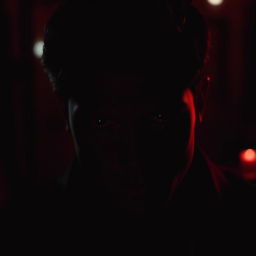 A romantic and mysterious scene set in a dimly lit environment, featuring deep dark red hues that create an intense atmosphere