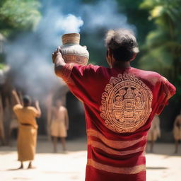 A man dressed in ancient Mayan attire viewed from the back, raising his arms while holding a jar filled with incense.