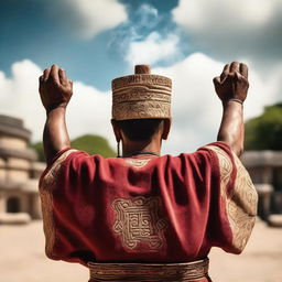 A man dressed in ancient Mayan attire viewed from the back, raising his arms while holding a jar filled with incense.